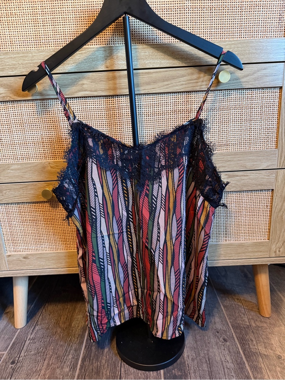 Striped Lace-Trim Spaghetti-Strap Cami in Black and Multicolor